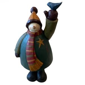 Charming Williraye Studio Hand-Painted Folk Art Snowman Figurine with Bluebird